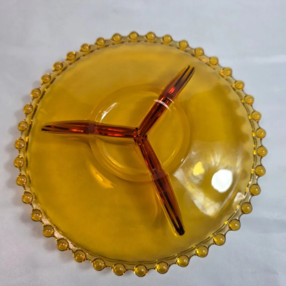 Vintage Amber Three Part Divided Relish Dish Platter Candlewick Style Edge